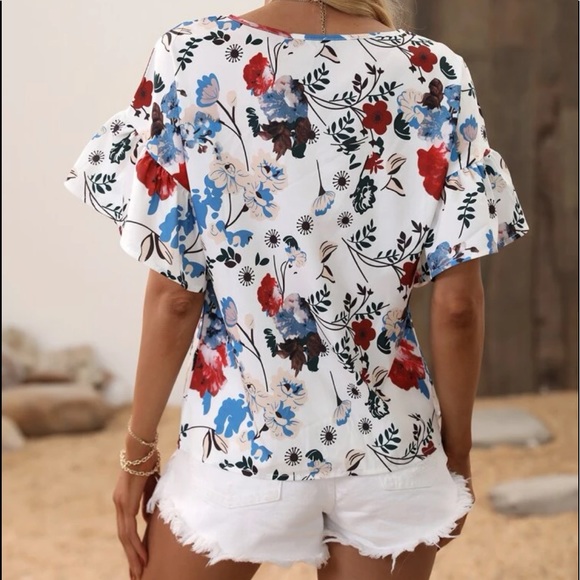 Boho Floral Print Butterfly Flounce Flutter Sleeve Top Shirt Blouse WHITE - Picture 2 of 6